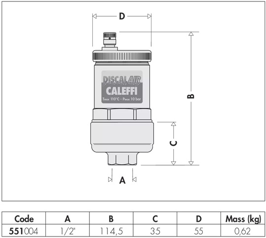 Caleffi 551004 Otomatik Hava Purjörü Ölçüleri