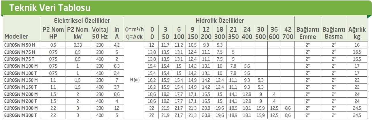 Dab Euroswim Havuz Pompası Teknik Verileri