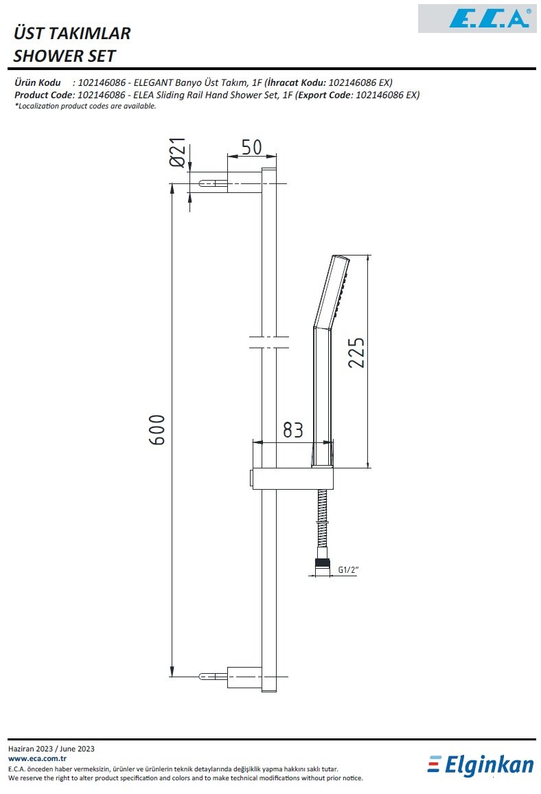 Eca Elegant Hareketli Banyo Üst Takım 102146086 Teknik Resim