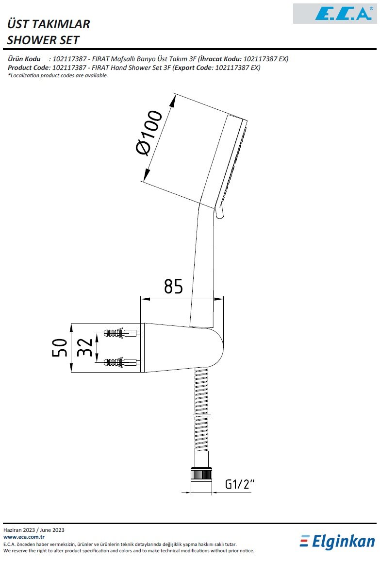 Eca Fırat Mafsallı Banyo Üst Takım 102117387 Teknik Resim