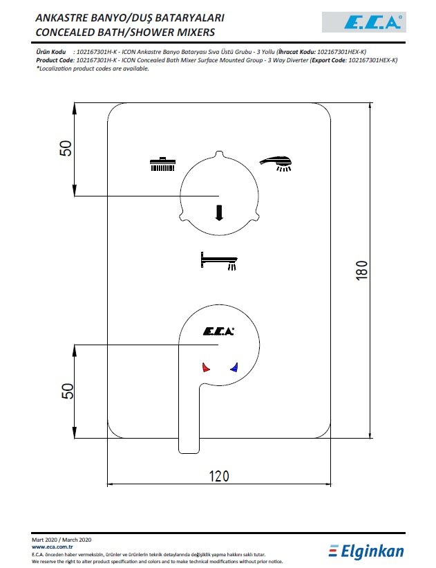 Eca Icon Ankastre Banyo Bataryası Sıva Üstü Grubu 102167301H-K Teknik Resim