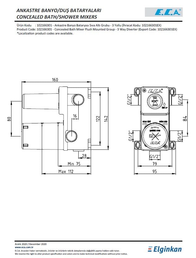 Eca Ankastre Banyo Bataryası Sıva Altı Grubu 102166301 Teknik Resim