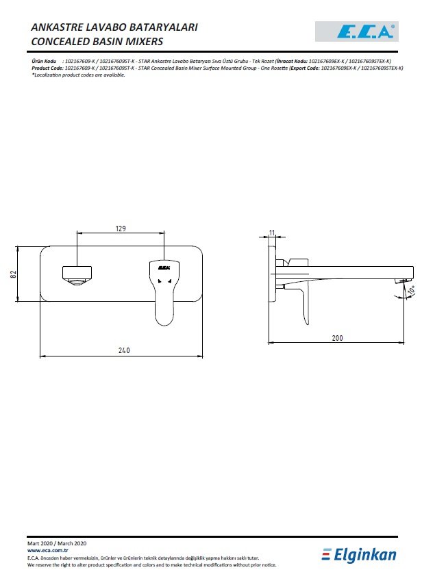 Eca Star Ankastre Lavabo Bataryası Sıva Üstü Grubu 102167609-K Teknik Resim