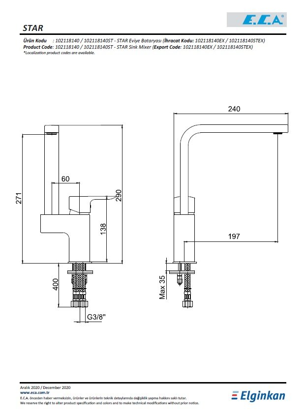 Eca Star Mutfak Bataryası 102118140 Teknik Resim