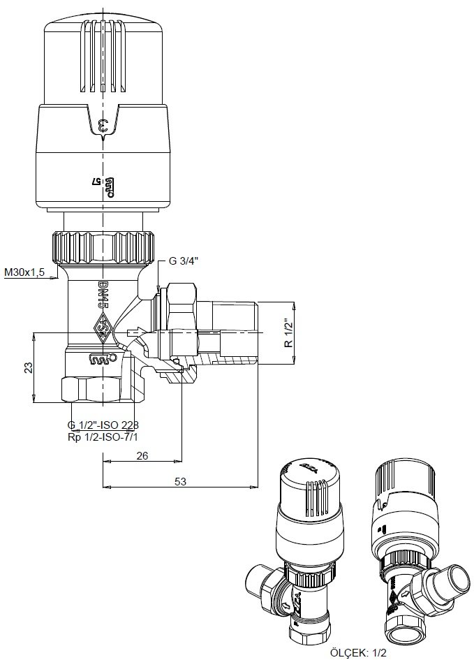 Eca 602120755 TRV4 1-2 Termostatik Köşe Radyatör Vanası Ölçüleri