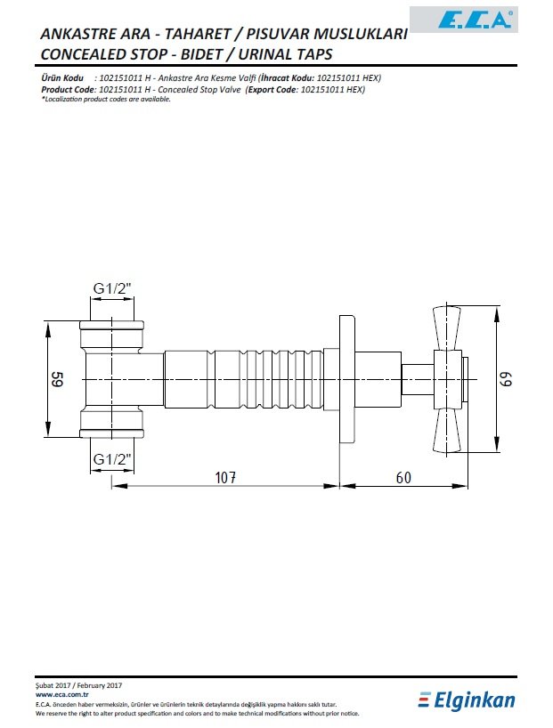 Eca Ankastre Ara Kesme Valfi 102151011H Teknik Resim