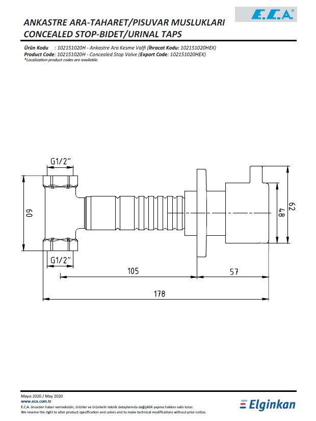 Eca Ankastre Ara Kesme Valfi 102151020H Teknik Resim