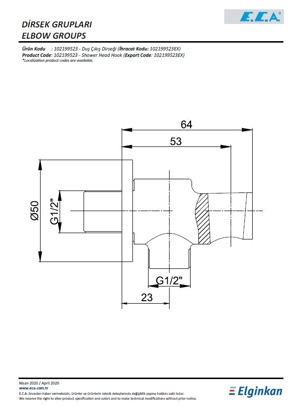 Eca Duş Çıkış Dirseği 102199523 Teknik Resim