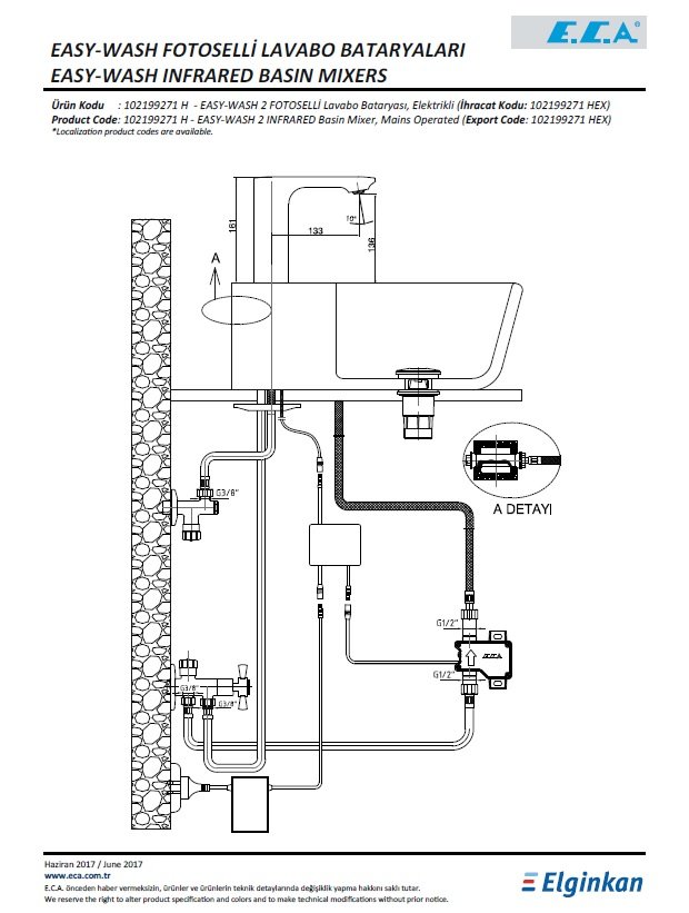 Eca Easy-Wash 2 Fotoselli Lavabo Bataryası - Elektrikli 102199271H Teknik Resim