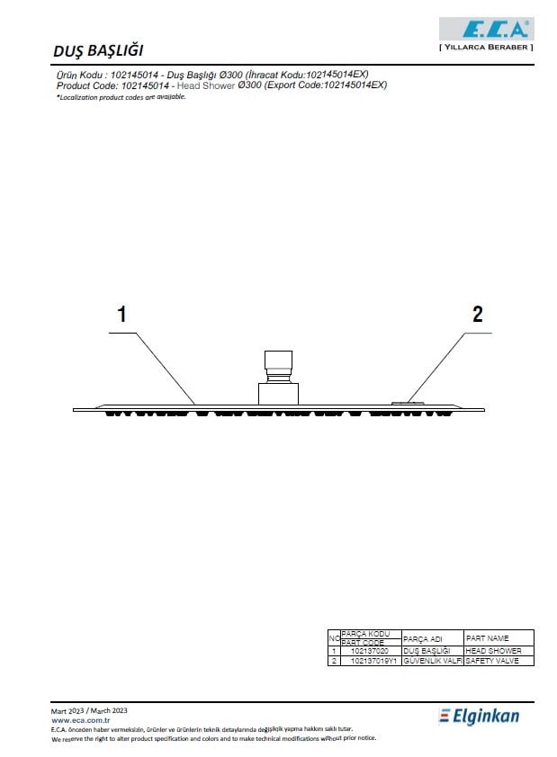 Eca İnce Duş Başlığı - Ø300 102145014 Teknik Resim