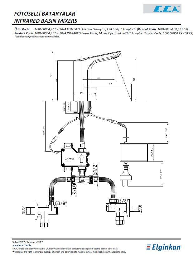 Eca Luna Fotoselli Lavabo Bataryası - Elektrikli - T Adaptörlü 108108054 Teknik Resim