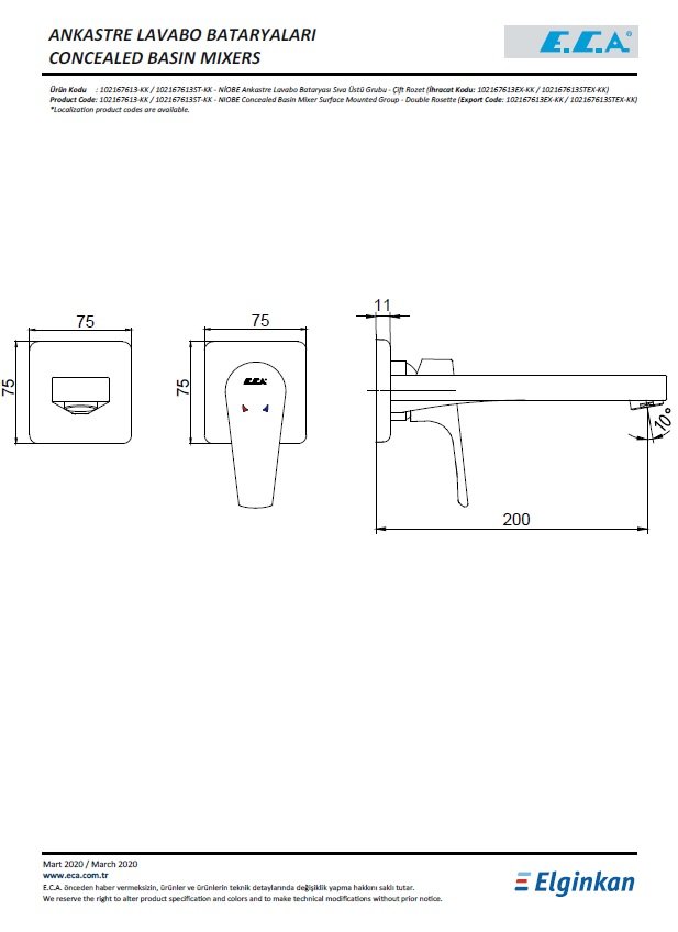 Eca Niobe Ankastre Lavabo Bataryası Sıva Üstü Grubu 102167613-KK Teknik Resim