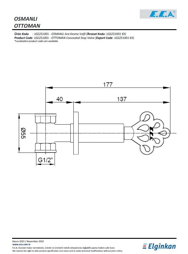 Eca Osmanlı Ara Kesme Valfi 102251001 Teknik Resim