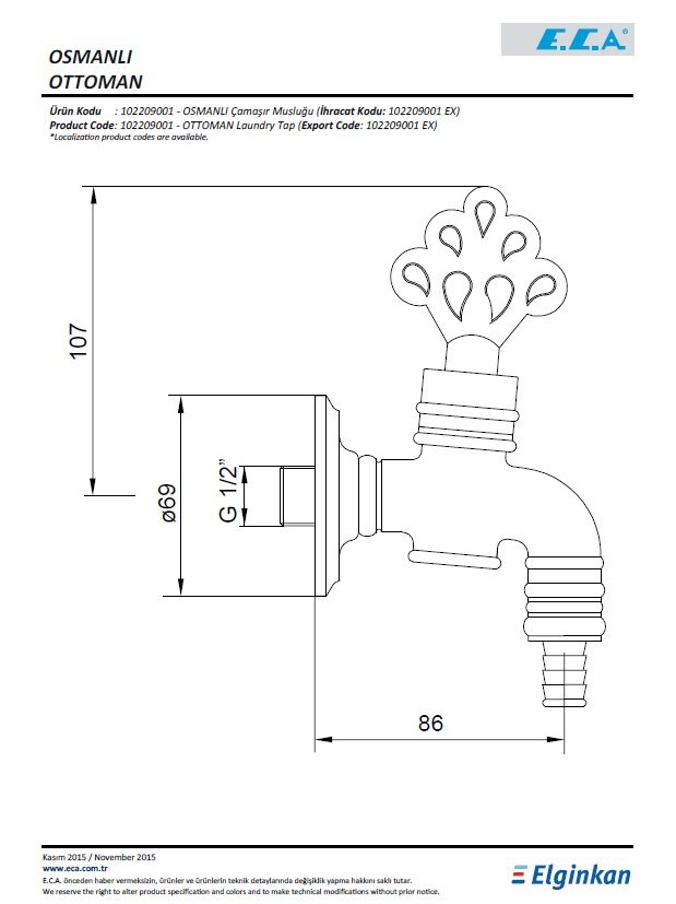 Eca Osmanlı Çamaşır Musluğu 102209001 Teknik Resim