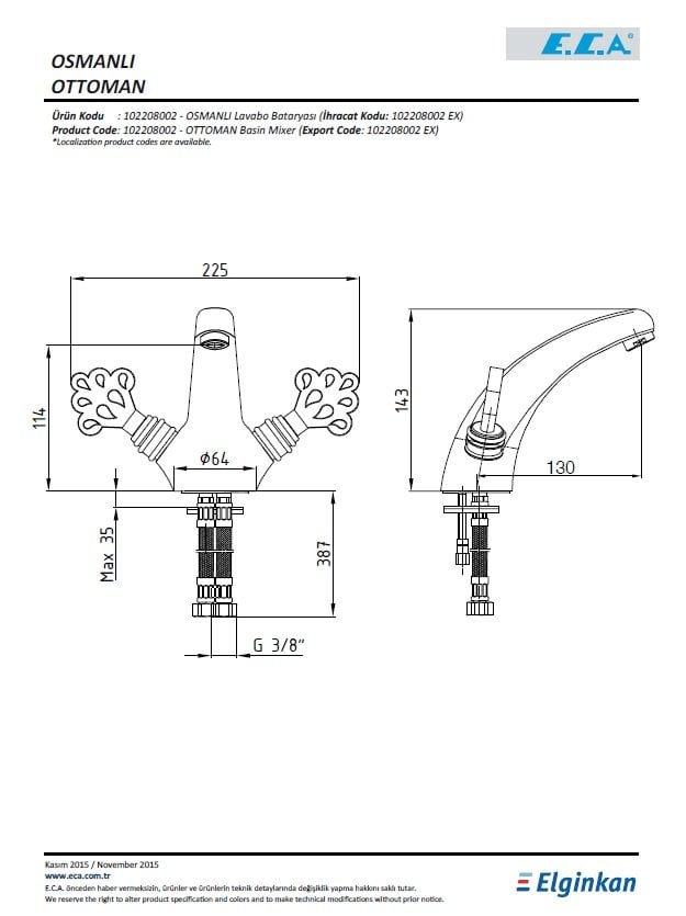 Eca Osmanlı Lavabo Bataryası 102208002 Teknik Resim