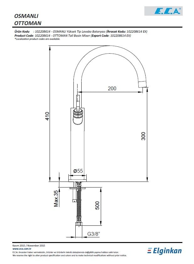 Eca Osmanlı Yüksek Tip Lavabo Bataryası 102208614 Teknik Resim