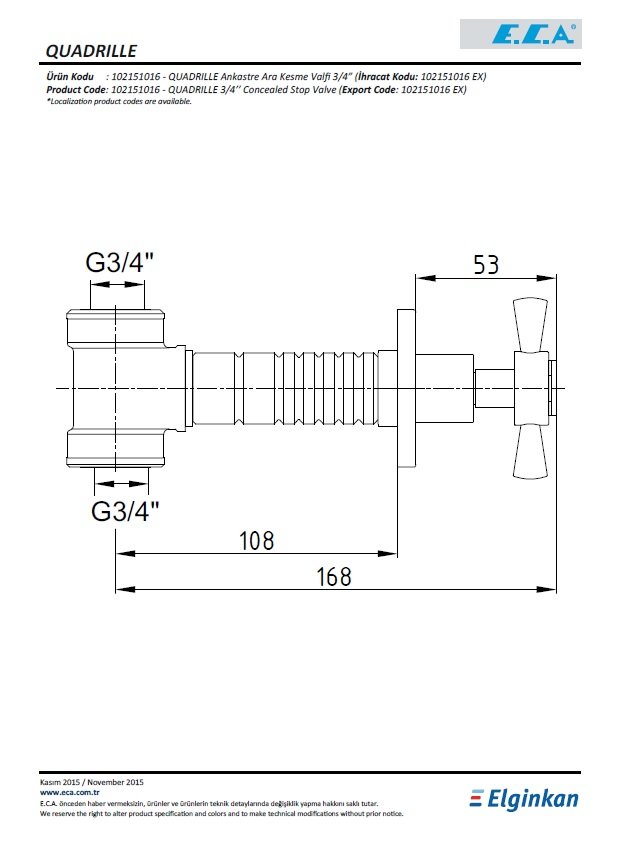 Eca Quadrille Ankastre Ara Kesme Valfi 102151016 Teknik Resim