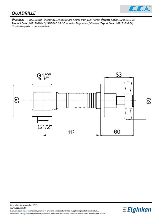 Eca Quadrille Ankastre Ara Kesme Valfi 102151010 Teknik Resim