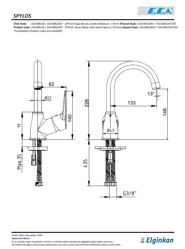 Eca Spylos Kuğu Borulu Lavabo Bataryası 102188126 Teknik Resim