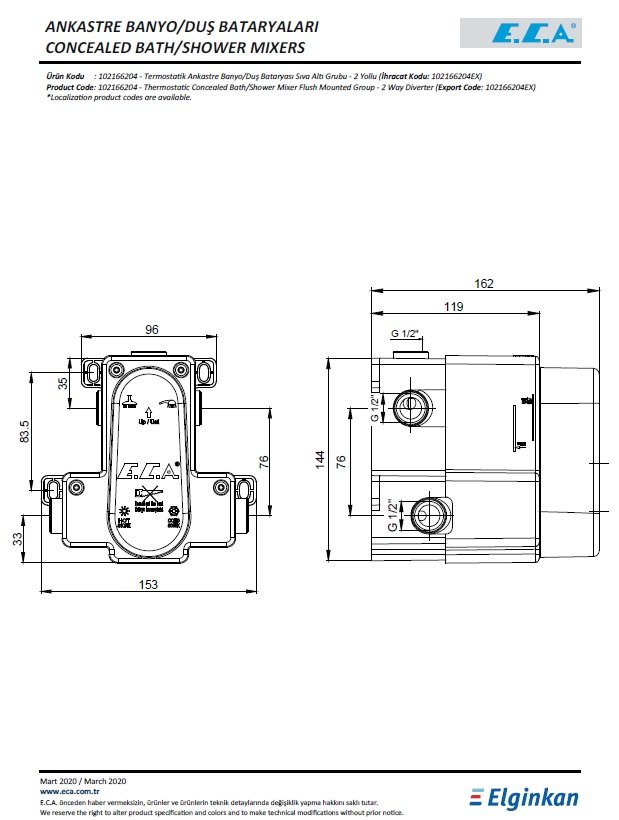 Eca Termostatik Ankastre Banyo-Duş Bataryası Sıva Altı Grubu 102166204 Teknik Resim