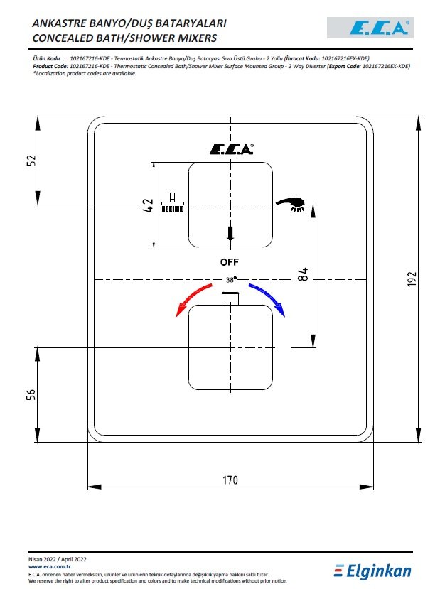 Eca Termostatik Ankastre Banyo-Duş Bataryası Sıva Üstü Grubu 102167216-KDE Teknik Resim