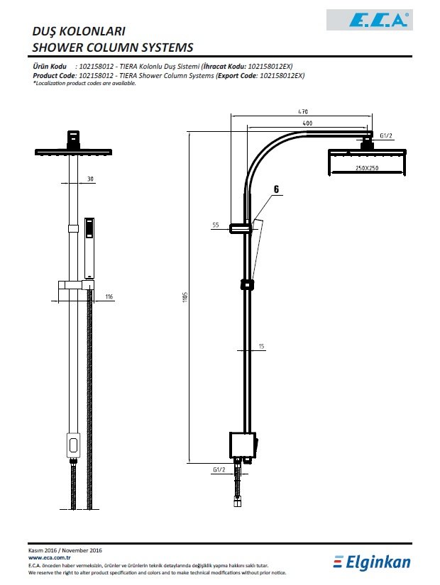 Eca 102158012 Tiera Kolonlu Duş Sistemi Teknik Resim